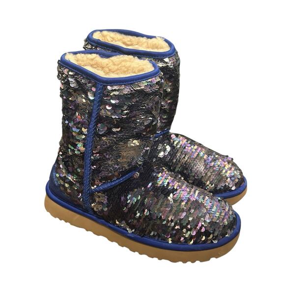 UGG Australia Classic Sheepskin Navy Tonal Sparkly Flip Sequin Short Boots Sz 6 - Picture 2 of 10
